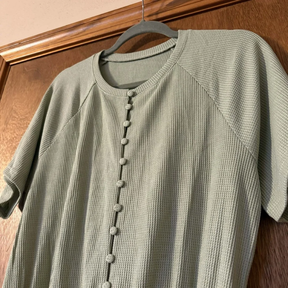 NEW Fixmatti Green Waffle Knit Crew Button Short Sleeve Romper Jumpsuit Beach S - Picture 6 of 15